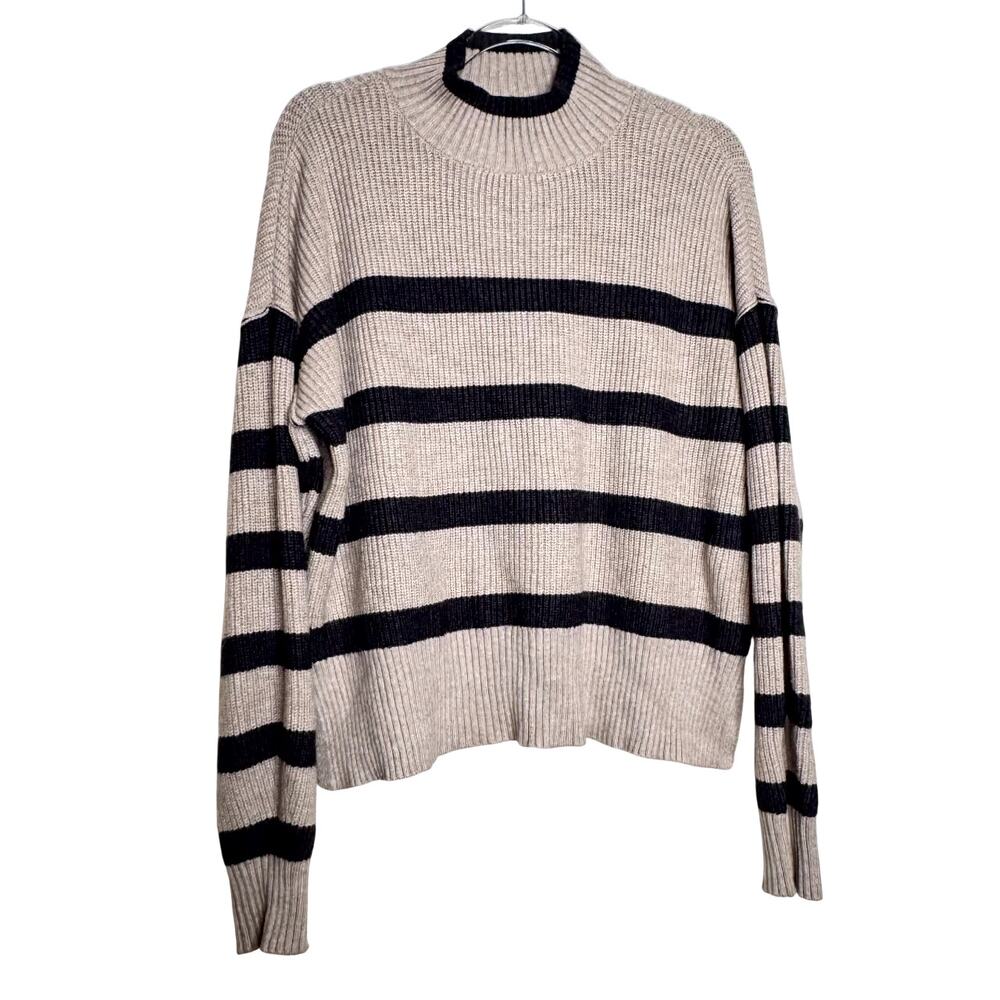 Violets & Roses Gray Black Striped Closed Neck Ribbed Sweater NWOT Large